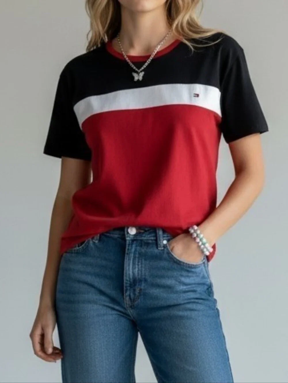 Tommy Hilfiger Y2K Tee L Red Short Sleeve Stripe Embroidered Logo Cotton Preppy